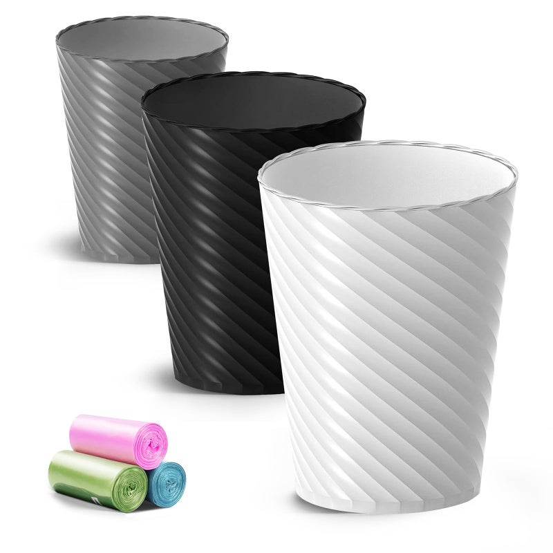 Lysam Bathroom Trash Can, 3 Pack 1.8 Gallons Small Trash Can with Trash Bags, Bathroom Garbage Can, Plastic Trash Bin, Round Waste Basket for Bedroom, Office, Room (White Black Grey) - Image 1