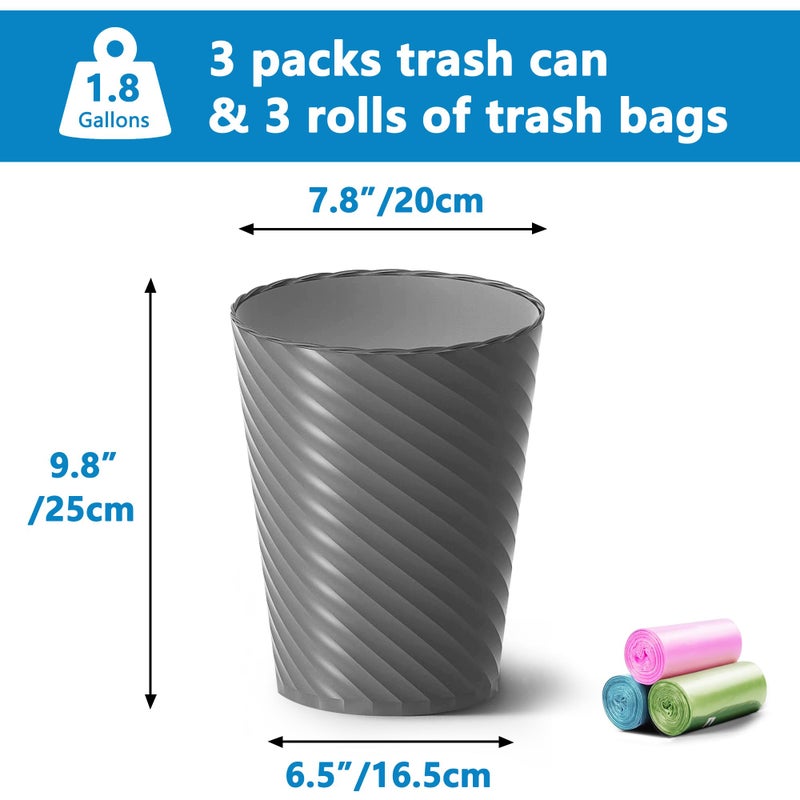 Lysam Bathroom Trash Can, 3 Pack 1.8 Gallons Small Trash Can with Trash Bags, Bathroom Garbage Can, Plastic Trash Bin, Round Waste Basket for Bedroom, Office, Room (White Black Grey) - Image 3
