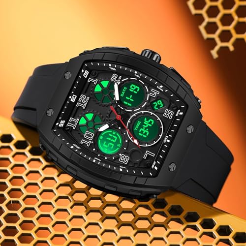 findtime Watches for Men Unique Rectangle Relojes para Hombres Black Wristwatch with Digital Analog Dual Time Display Countdown Stopwatch Punk Cool Design 5ATM Waterproof - Image 2