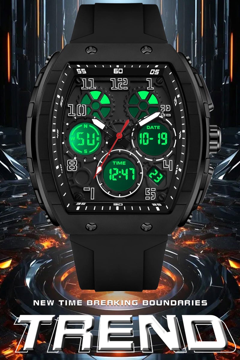 findtime Watches for Men Unique Rectangle Relojes para Hombres Black Wristwatch with Digital Analog Dual Time Display Countdown Stopwatch Punk Cool Design 5ATM Waterproof - Image 5