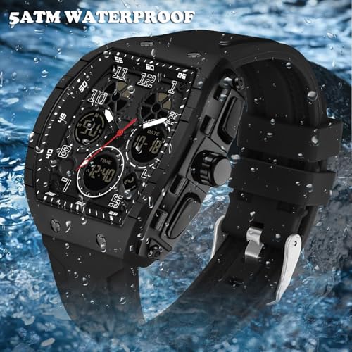findtime Watches for Men Unique Rectangle Relojes para Hombres Black Wristwatch with Digital Analog Dual Time Display Countdown Stopwatch Punk Cool Design 5ATM Waterproof - Image 3