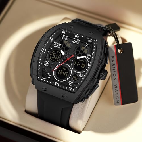findtime Watches for Men Unique Rectangle Relojes para Hombres Black Wristwatch with Digital Analog Dual Time Display Countdown Stopwatch Punk Cool Design 5ATM Waterproof - Image 4