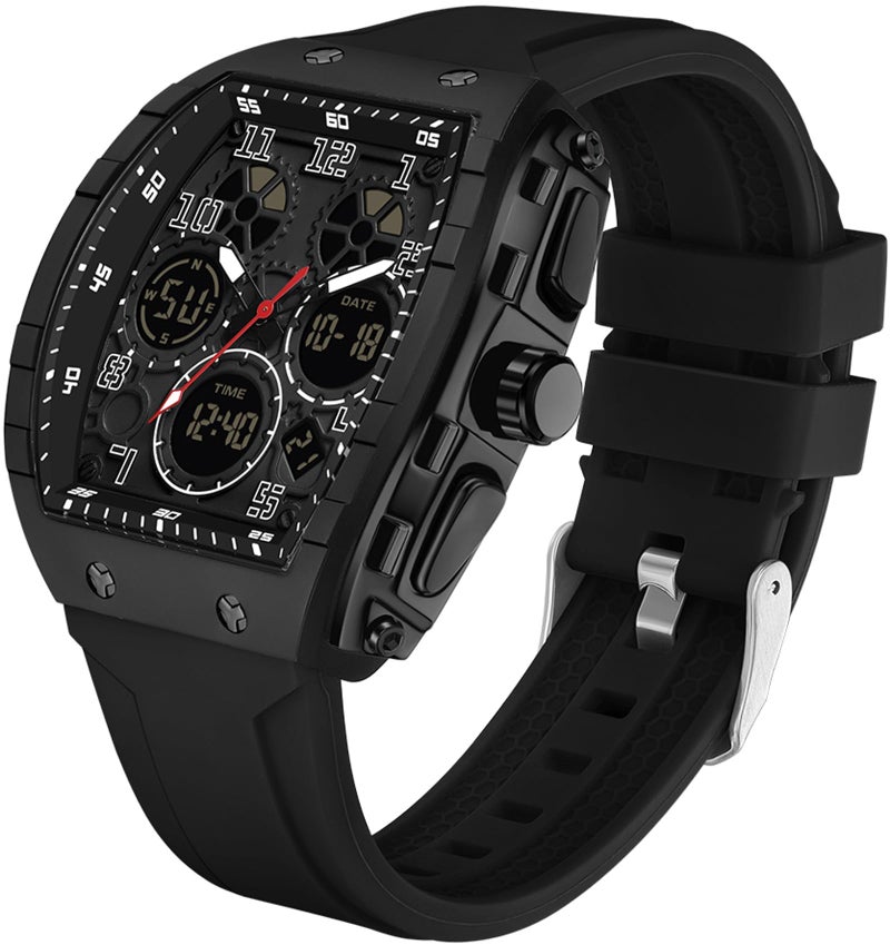findtime Watches for Men Unique Rectangle Relojes para Hombres Black Wristwatch with Digital Analog Dual Time Display Countdown Stopwatch Punk Cool Design 5ATM Waterproof - Image 1