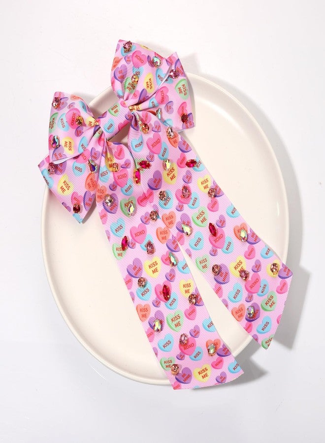 Boderier Valentines Day Hair Bows for Women Girls Conversation Candy Heart Hair Bow Clips Jeweled Hair Bows Valentines Day Gifts for Her (Pink Heart Print) - Image 2