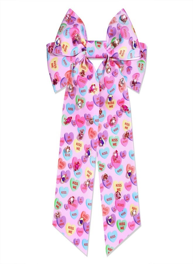 Boderier Valentines Day Hair Bows for Women Girls Conversation Candy Heart Hair Bow Clips Jeweled Hair Bows Valentines Day Gifts for Her (Pink Heart Print) - Image 1