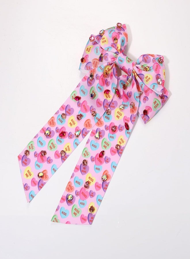 Boderier Valentines Day Hair Bows for Women Girls Conversation Candy Heart Hair Bow Clips Jeweled Hair Bows Valentines Day Gifts for Her (Pink Heart Print) - Image 3