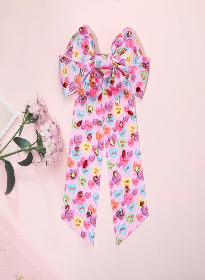 Boderier Valentines Day Hair Bows for Women Girls Conversation Candy Heart Hair Bow Clips Jeweled Hair Bows Valentines Day Gifts for Her (Pink Heart Print) - Image 4