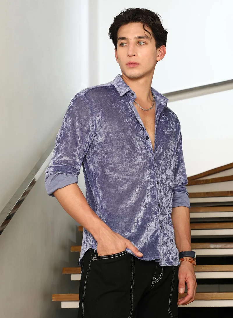 Campus Sutra Campus Sutra Men's Cornflower Blue Solid Velvet Shirt | Velvet Textured Full Sleeve Spread Collar Solid Design | Premium Polyester Blend Woven Fabric For Club Wear & Semi-Formal Occasions