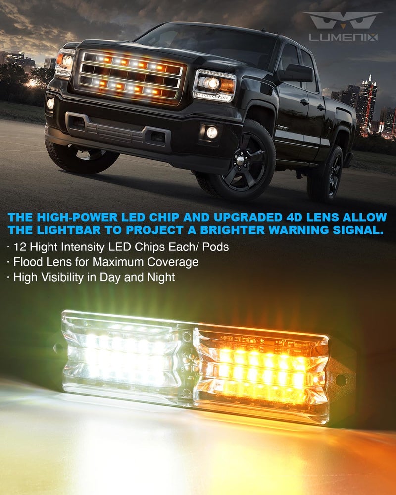 LUMENIX Grille Strobe Lights Kits for Trucks w/Controller, 8PCs High-Intensity LED Deck | Surface Mount Emergency Construction Vehicles Snowplow Towing Side Marker Flashing Warning Light- White Amber - Image 3