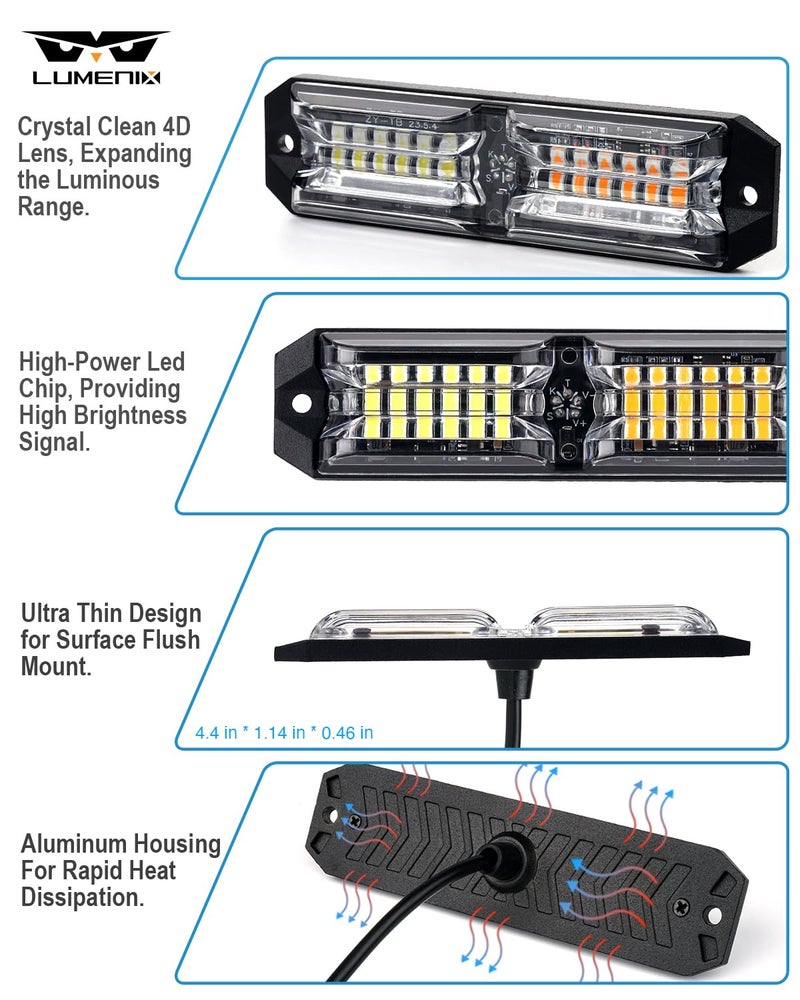 LUMENIX Grille Strobe Lights Kits for Trucks w/Controller, 8PCs High-Intensity LED Deck | Surface Mount Emergency Construction Vehicles Snowplow Towing Side Marker Flashing Warning Light- White Amber - Image 2