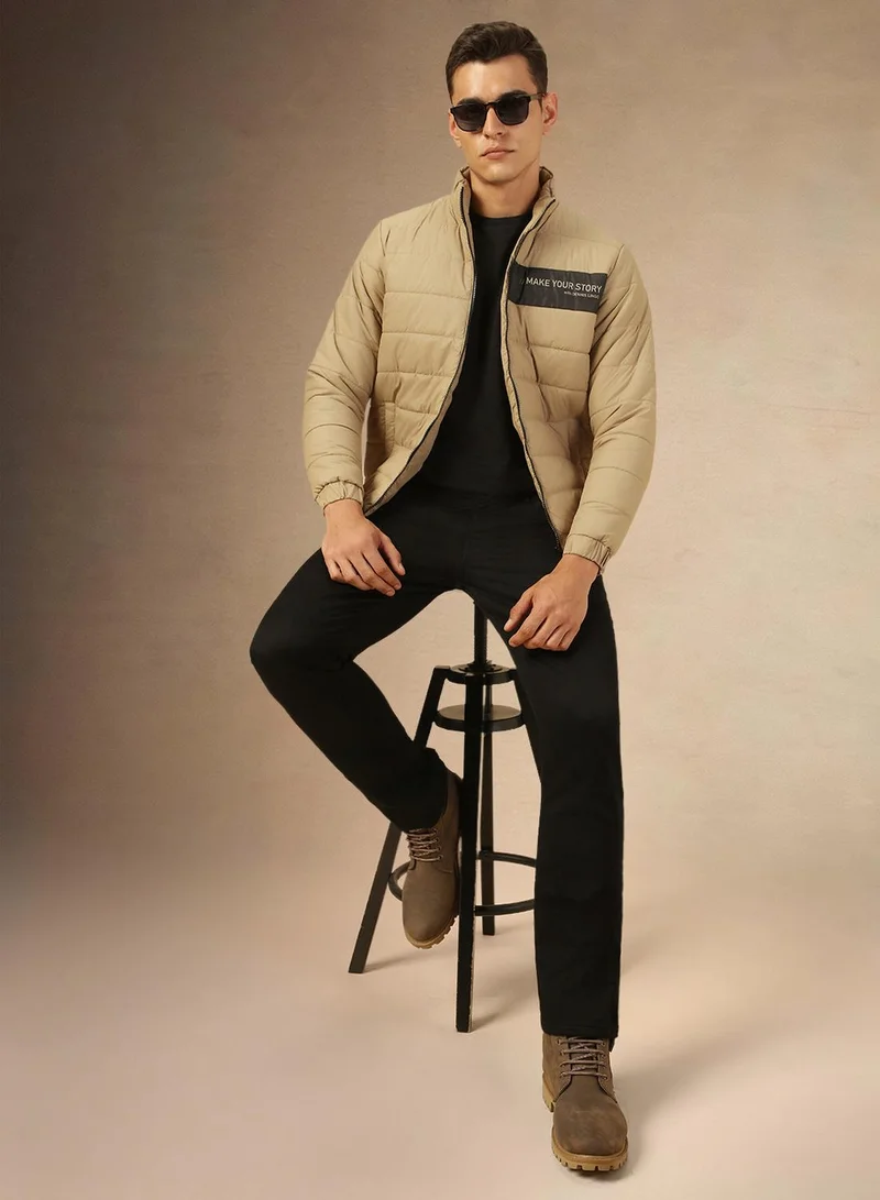 Dennis Lingo Men's Khaki 100% Polyester Solid Regular Fit Jacket