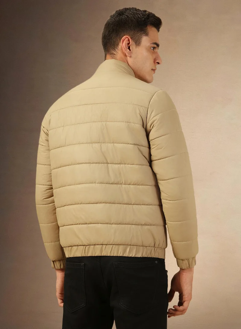 Dennis Lingo Men's Khaki 100% Polyester Solid Regular Fit Jacket