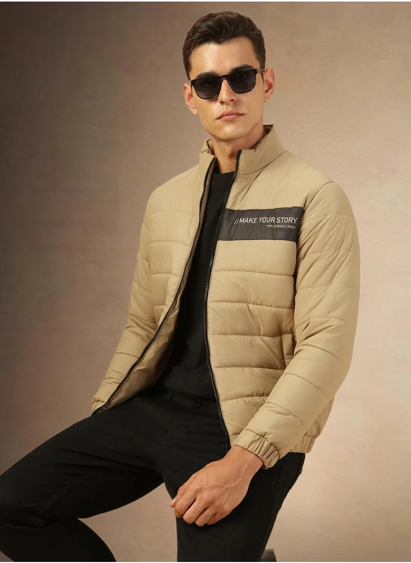 Dennis Lingo Men's Khaki 100% Polyester Solid Regular Fit Jacket