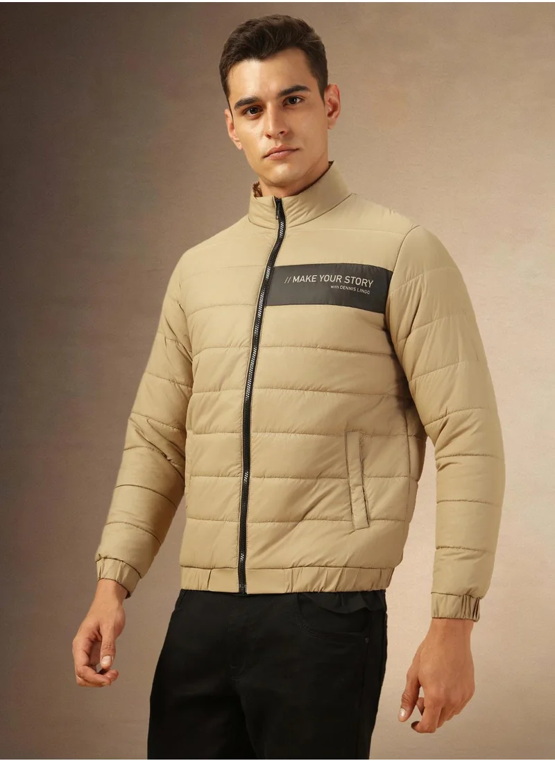 Dennis Lingo Men's Khaki 100% Polyester Solid Regular Fit Jacket