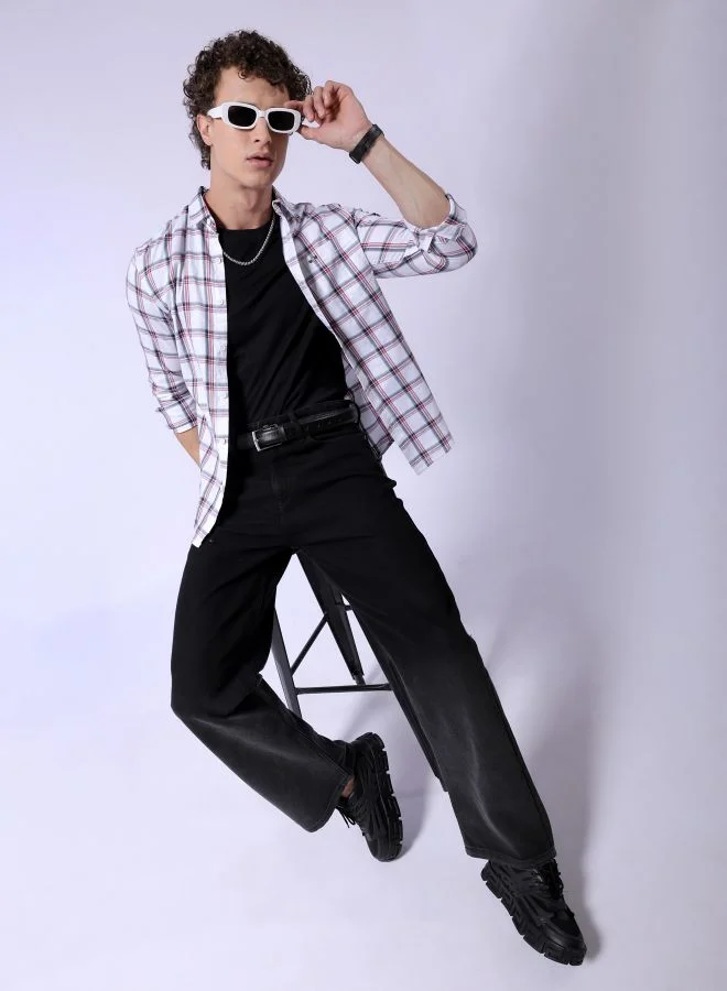 The Indian Garage Co Men Slim Fit Checkered Full Sleeves Cutaway Collar Casual Shirt