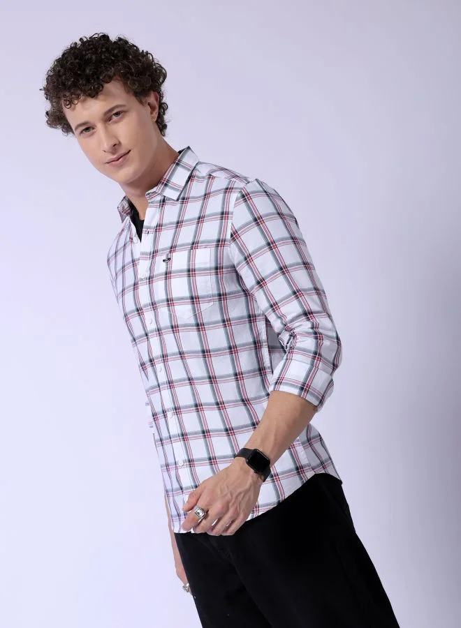 The Indian Garage Co Men Slim Fit Checkered Full Sleeves Cutaway Collar Casual Shirt