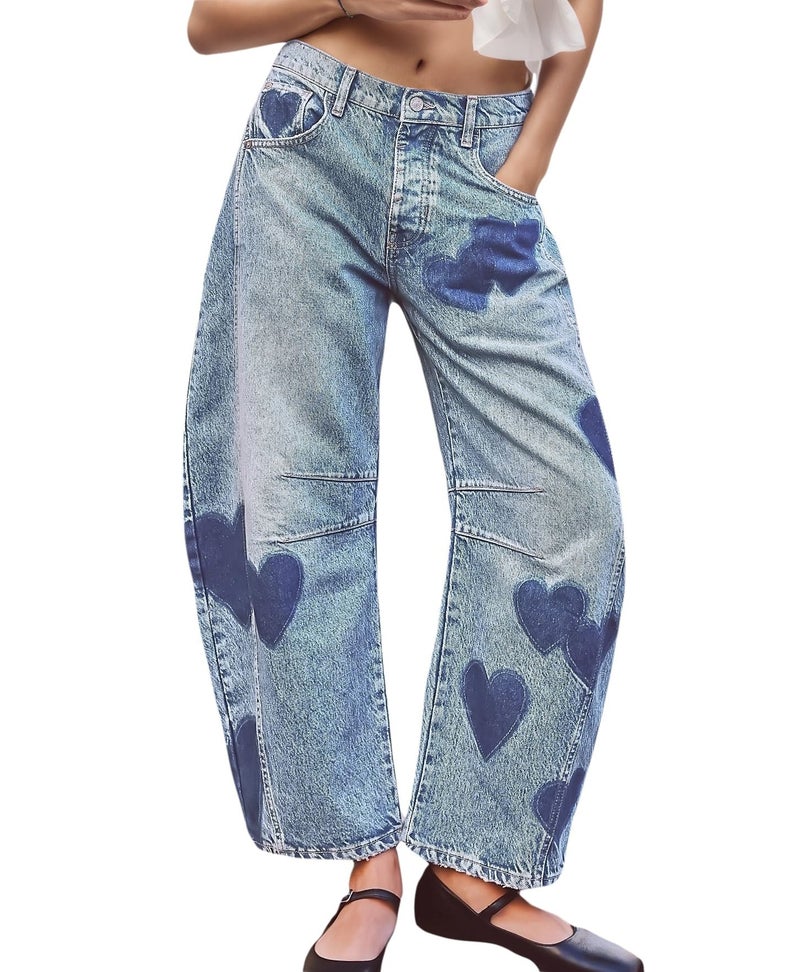 LifeShe Women's Wide Leg Baggy Jeans Low Waist Heart Barrel Loose Denim Pants Light Blue - Image 1