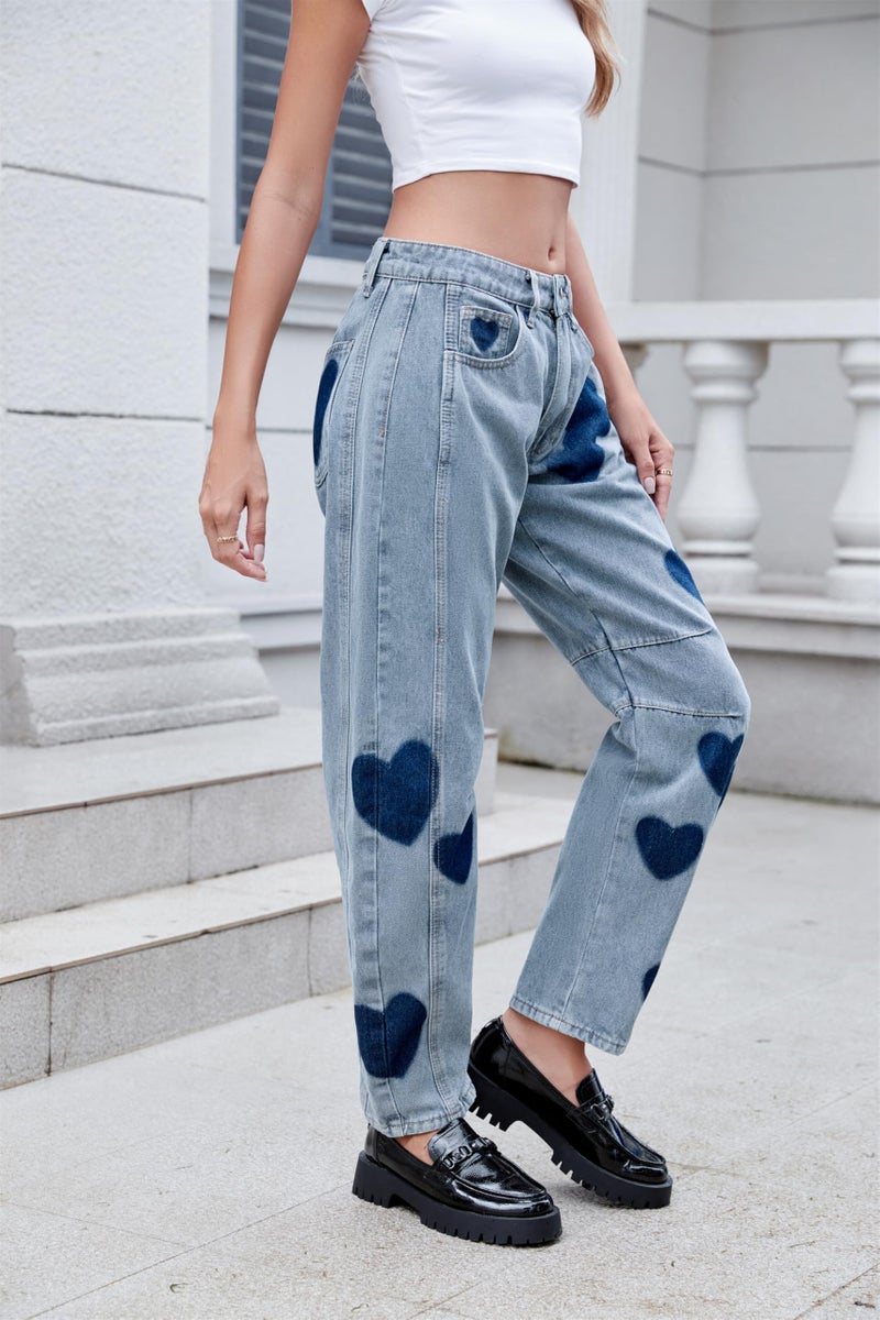 LifeShe Women's Wide Leg Baggy Jeans Low Waist Heart Barrel Loose Denim Pants Light Blue - Image 3