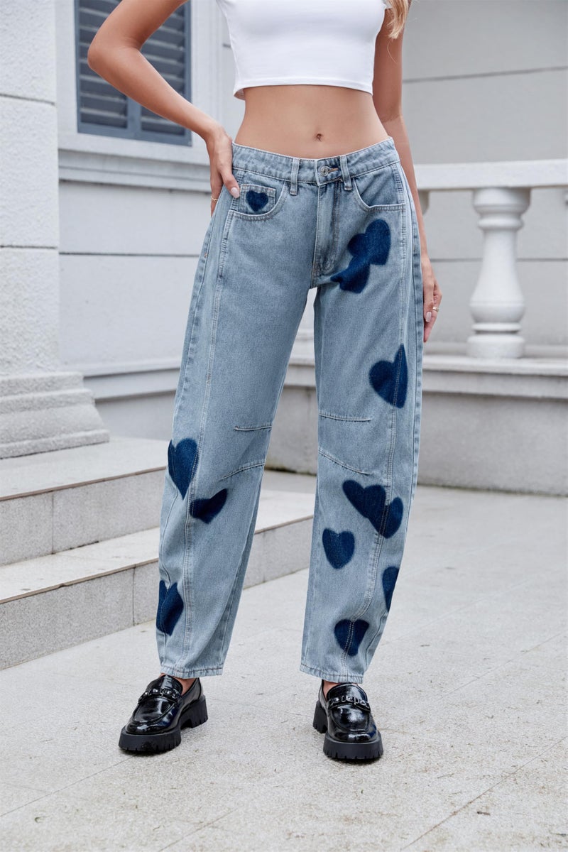 LifeShe Women's Wide Leg Baggy Jeans Low Waist Heart Barrel Loose Denim Pants Light Blue - Image 4