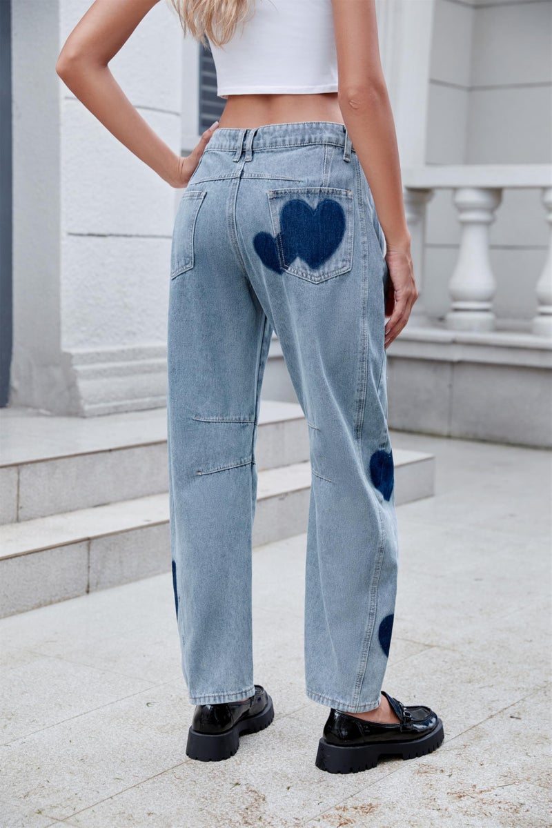 LifeShe Women's Wide Leg Baggy Jeans Low Waist Heart Barrel Loose Denim Pants Light Blue - Image 2
