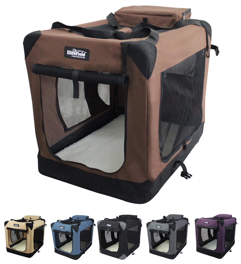 EliteField 3Door Folding Soft Dog Crate with Carrying Bag and Fleece Bed 2 Year Warranty Indoor Outdoor Pet Home 20 L x 14 W x 14 H Brown