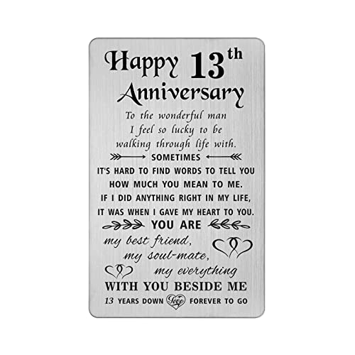 TANWIH 13 Year Anniversary Card Gifts for Him Men, 13th Anniversary Card for Husband Lace, Engraved Metal Wallet Cards - Image 1