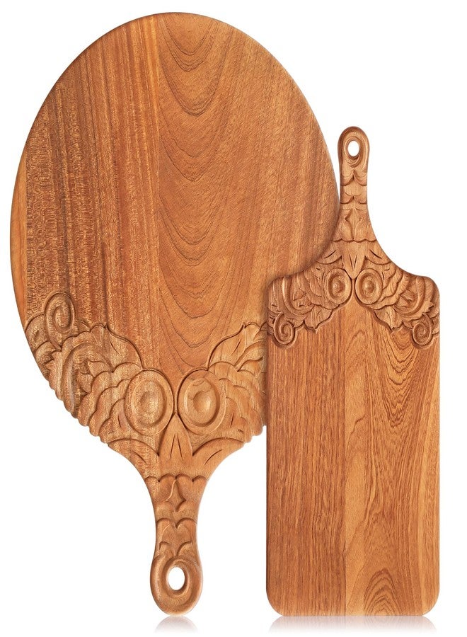 LemonRoad 2 Pcs Wood Chopping and Serving Tray Carved Cutting Board with Handle Kitchen Charcuterie Board Butcher Block Serving Tray for Cheese Meat Fruit Pizza Bread Baking 16 x 12 Inch, 14 x 10 inch - Image 1
