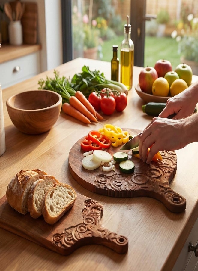 LemonRoad 2 Pcs Wood Chopping and Serving Tray Carved Cutting Board with Handle Kitchen Charcuterie Board Butcher Block Serving Tray for Cheese Meat Fruit Pizza Bread Baking 16 x 12 Inch, 14 x 10 inch - Image 5