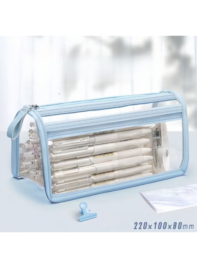 Clear Pencil Case Bag Pen Holder Stationery Dual Zipper Organizer Makeup Pouch for School Office Travel(Pink,Blue) - Image 2