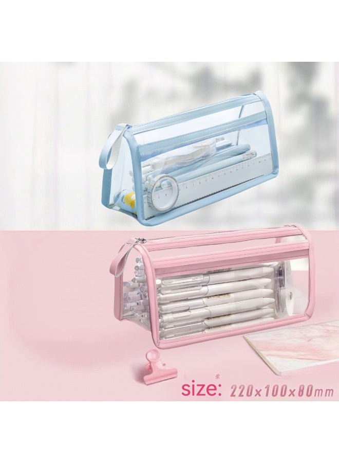 Clear Pencil Case Bag Pen Holder Stationery Dual Zipper Organizer Makeup Pouch for School Office Travel(Pink,Blue) - Image 1
