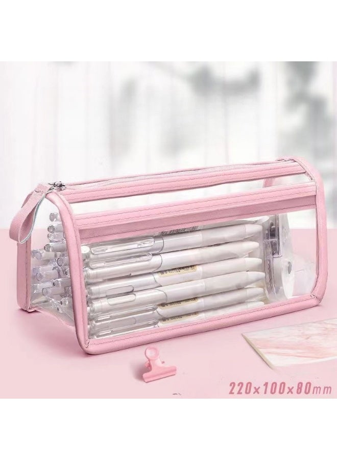 Clear Pencil Case Bag Pen Holder Stationery Dual Zipper Organizer Makeup Pouch for School Office Travel(Pink,Blue) - Image 3