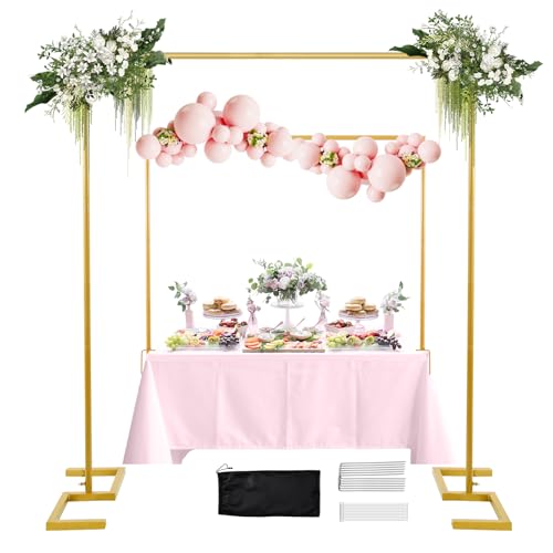 WellSign 8.2FT Square Arch Backdrop Stand,Metal Gold Backdrop Stand Heavy Duty Adjustable,Extra 2 Clamps Change Over The Table Rod Stand,Wedding Balloon Arch Stand for Valentine Parties Decoration - Image 1
