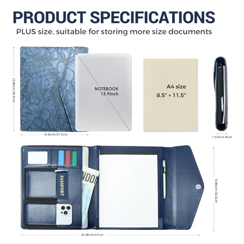 FORTAVEM Embossed Professional Trifold Padfolio with Magnetic Closure – A4 Letter Portfolio Organizer for Business Meetings, Interviews & Presentations, Document Folder with Notepad Holder Blue - Image 2