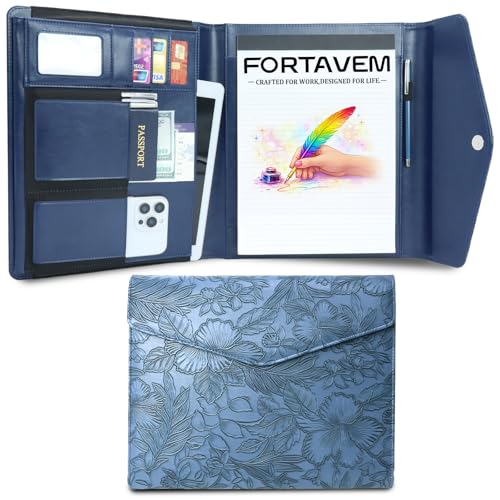 FORTAVEM Embossed Professional Trifold Padfolio with Magnetic Closure – A4 Letter Portfolio Organizer for Business Meetings, Interviews & Presentations, Document Folder with Notepad Holder Blue - Image 1
