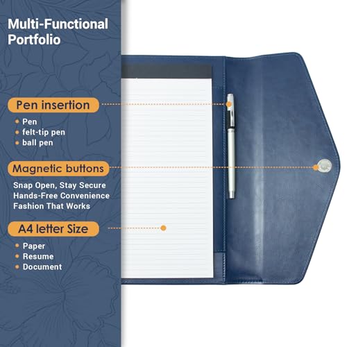 FORTAVEM Embossed Professional Trifold Padfolio with Magnetic Closure – A4 Letter Portfolio Organizer for Business Meetings, Interviews & Presentations, Document Folder with Notepad Holder Blue - Image 4