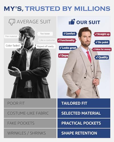 MYS MY'S Men's 3 Piece Slim Fit Suit Set, One Button Solid Jacket Vest Pants with Tie Deep Blue - Image 4