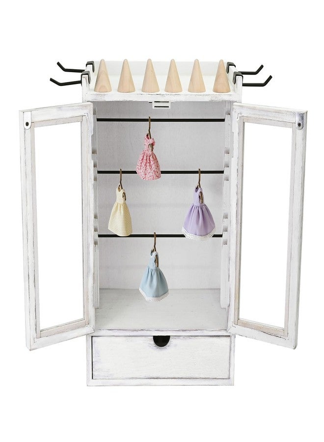 Ikee Design Wood 100 Pairs Earrings Jewelry Display Case Storage Cabinet with Drawer, Jewelry Boxes Organizer, 50 Mini Hangers for Necklace Earrings Rings Bracelets Doll Closet, Vintage White - Image 4