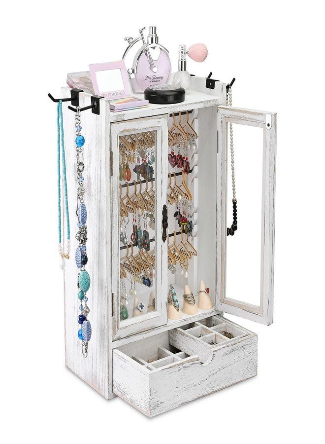 Ikee Design Wood 100 Pairs Earrings Jewelry Display Case Storage Cabinet with Drawer, Jewelry Boxes Organizer, 50 Mini Hangers for Necklace Earrings Rings Bracelets Doll Closet, Vintage White - Image 1