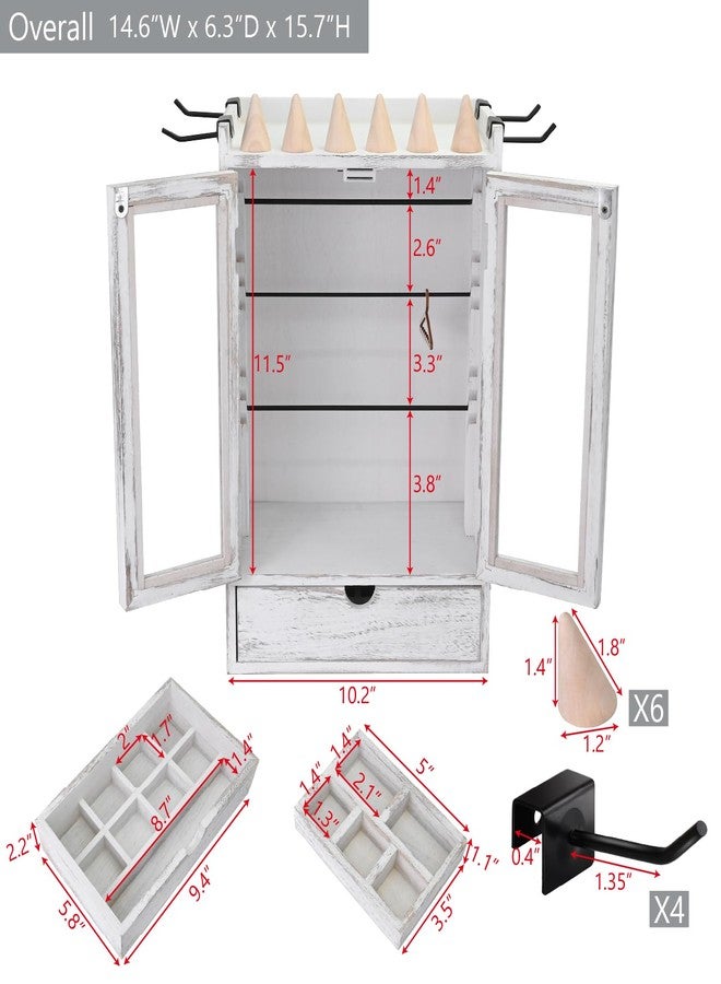 Ikee Design Wood 100 Pairs Earrings Jewelry Display Case Storage Cabinet with Drawer, Jewelry Boxes Organizer, 50 Mini Hangers for Necklace Earrings Rings Bracelets Doll Closet, Vintage White - Image 2