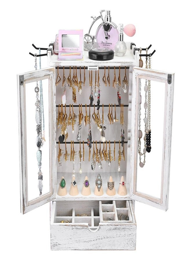 Ikee Design Wood 100 Pairs Earrings Jewelry Display Case Storage Cabinet with Drawer, Jewelry Boxes Organizer, 50 Mini Hangers for Necklace Earrings Rings Bracelets Doll Closet, Vintage White - Image 3