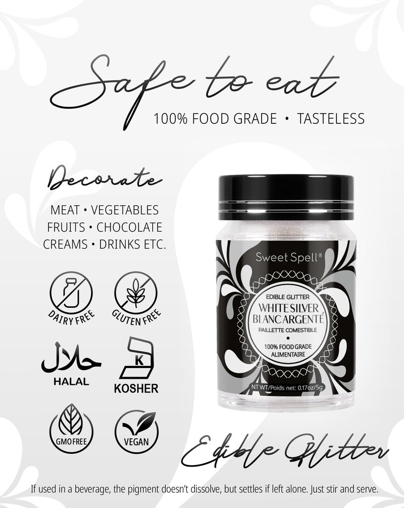 Sweet Spell Edible Glitter (15g) - Shimmer Sparkles for Drinks, Cakes, Cocktails - 100% Edible & Food Grade Glitter, Vegan, Gluten-Free (White Silver) - Image 4