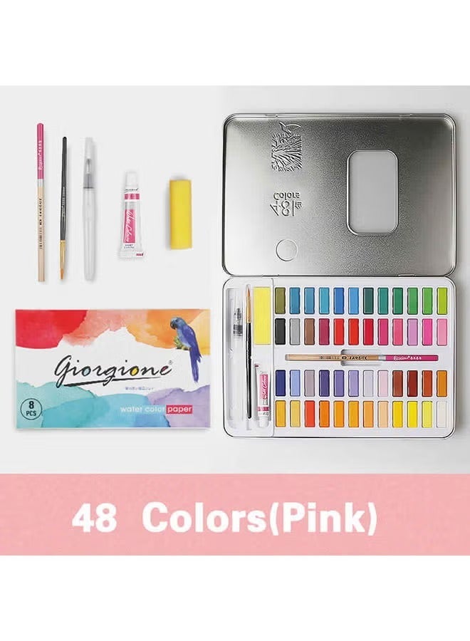 48 Colors Solid Watercolors Paints Set Pigment Drawing Painting With Water Brush Paintbrush Pencil Sponge Watercolor Paper For Artists Beginners Students Adults Pink - Image 1