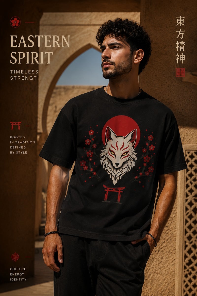 Men's Japanese Fox Graphic T-Shirt Black Oversized Streetwear Casual Short Sleeve Tee - Image 5