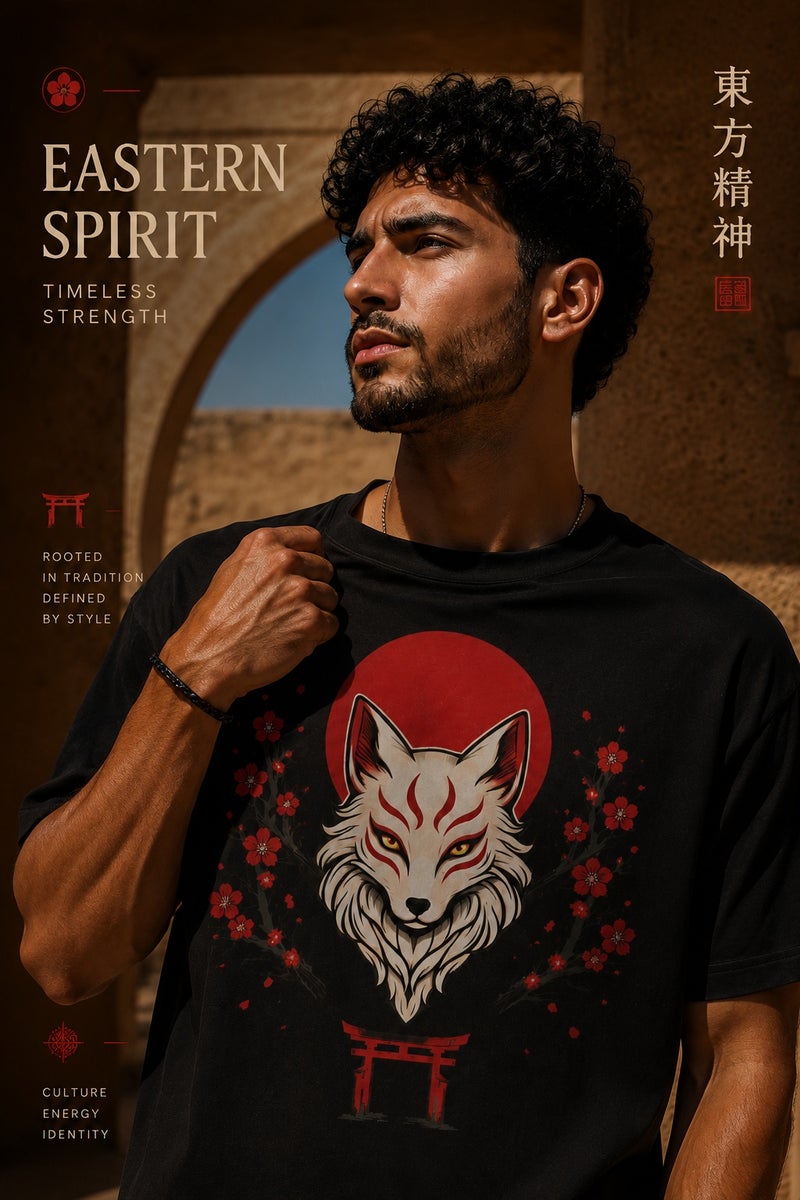 Men's Japanese Fox Graphic T-Shirt Black Oversized Streetwear Casual Short Sleeve Tee - Image 1