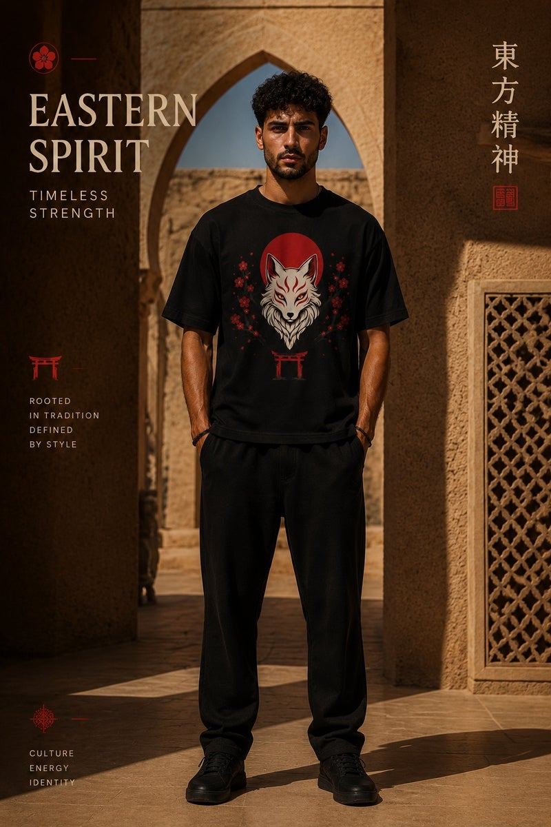 Men's Japanese Fox Graphic T-Shirt Black Oversized Streetwear Casual Short Sleeve Tee - Image 2