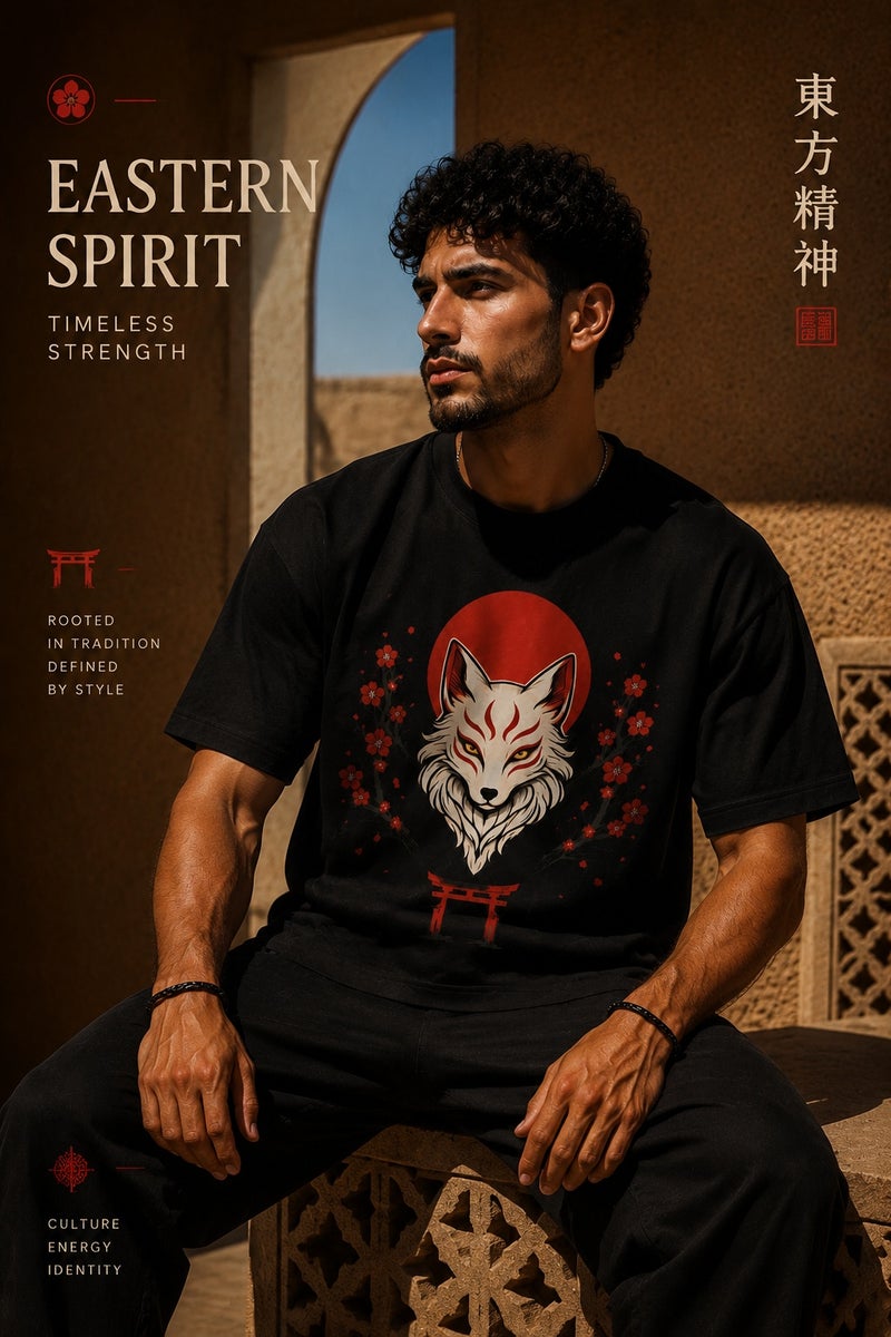 Men's Japanese Fox Graphic T-Shirt Black Oversized Streetwear Casual Short Sleeve Tee - Image 4