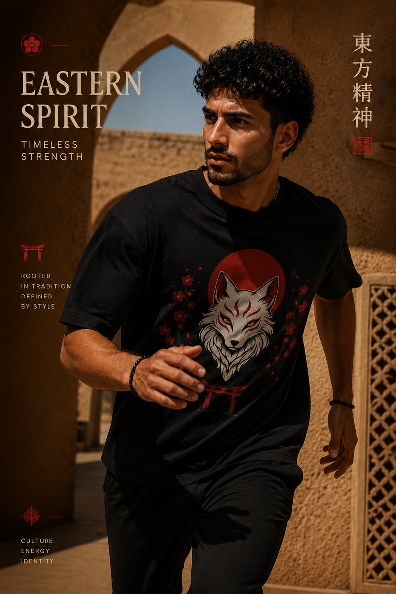 Men's Japanese Fox Graphic T-Shirt Black Oversized Streetwear Casual Short Sleeve Tee - Image 3