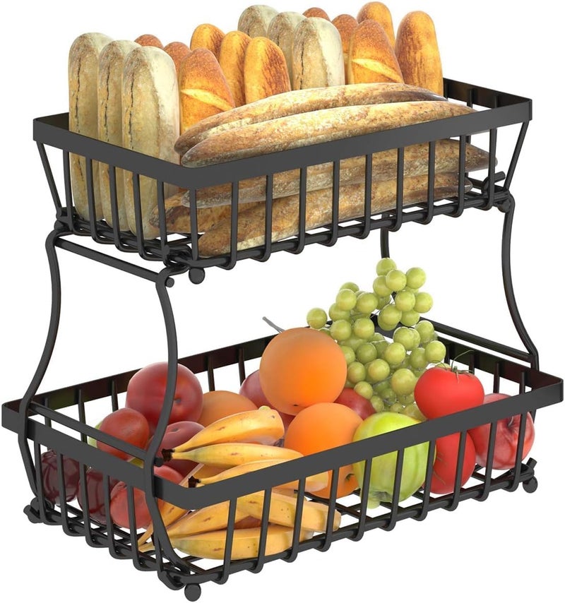 Kitwe 2 Tier Countertop Fruit Basket Bowl for Kitchen Counter Fruits Veggies Snack Storage Holder Stand Rack Organizer Detachable Metal Wire Bread Tray - Image 5
