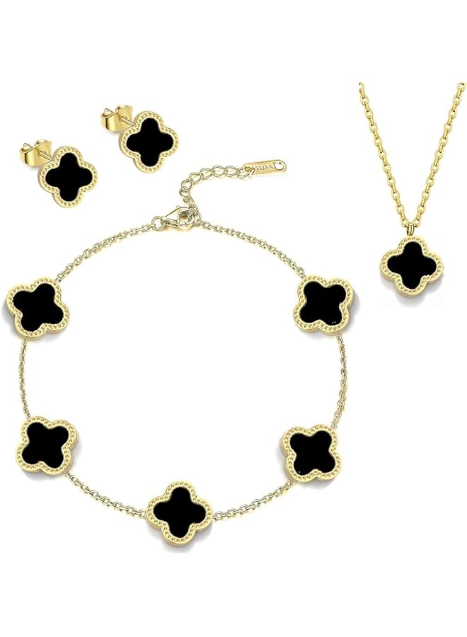 Luxury Fashion Jewelry Lucky Ladies Shell Four Leaf Clover Necklace Set 18K Gold Plated Stainless Steel Jewelery Gold Black
