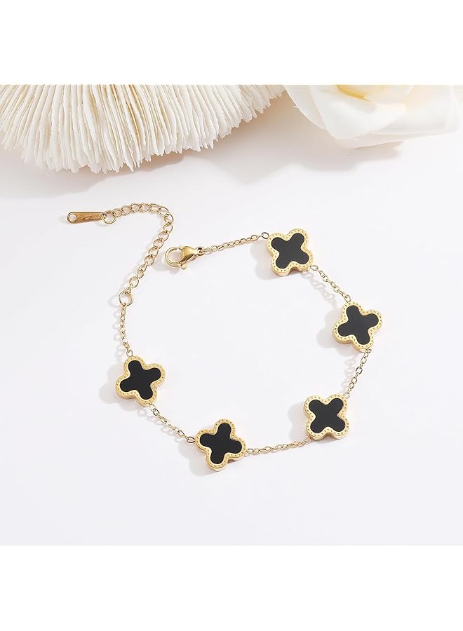 Luxury Fashion Jewelry Lucky Ladies Shell Four Leaf Clover Necklace Set 18K Gold Plated Stainless Steel Jewelery Gold Black
